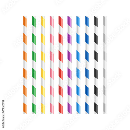 Set of colored striped drinking straws, straws for beverages.