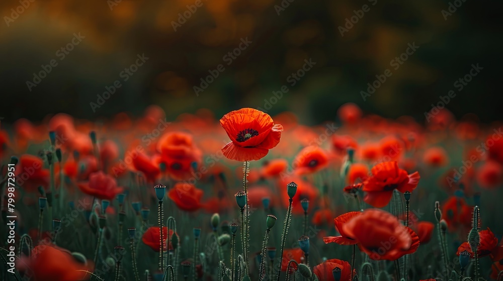 Obraz premium Focus on vibrant red poppy flower amidst a field of blooming poppies. Nature's beauty.