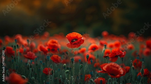 Focus on vibrant red poppy flower amidst a field of blooming poppies. Nature's beauty.