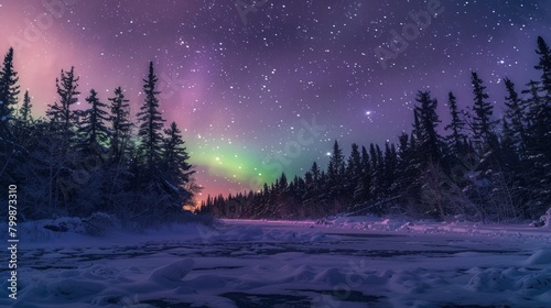 Beautiful Northern Lights with greens and purples in the winter sky over a snow-covered forest in Canada. Lights dance across the sky in the purest brushstrokes of nature. © ศิริชาติ ชุมพล