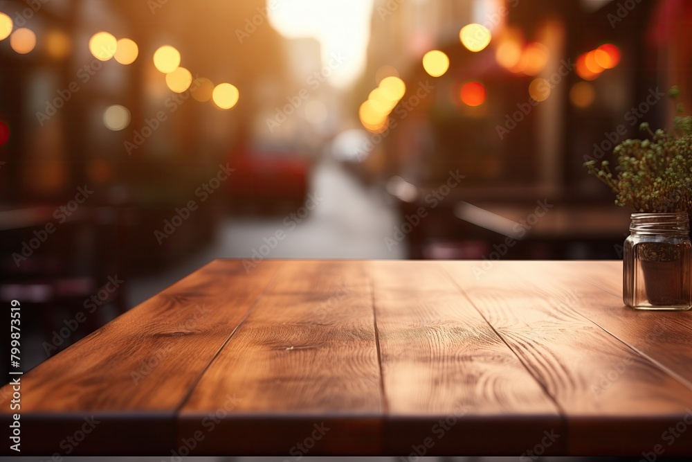Empty wooden table top with a vase of flowers. Lights of bokeh on blur city street on background. Generative ai.