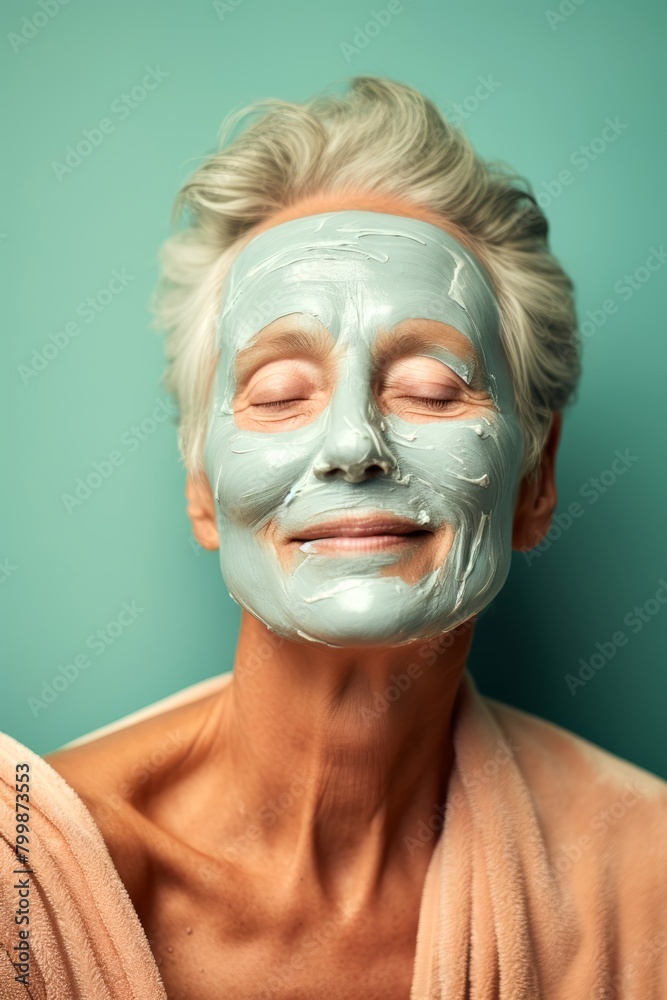 A serene moment captured as elderly woman applies a refreshing face mask for rejuvenation