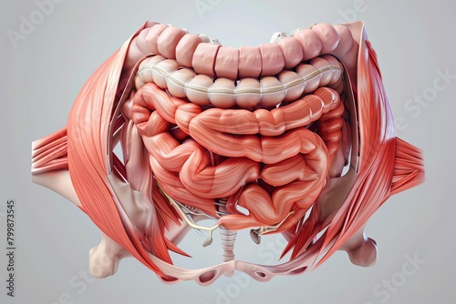 Scientific 3D illustration of abdominal muscles depicting hernias, with a clinical color mood photo