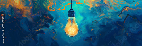 A digital art concept with a light bulb floating over a vibrant liquid-like colored background photo