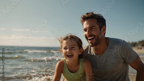 Happy father with his daughter playing on a beach, happy father day