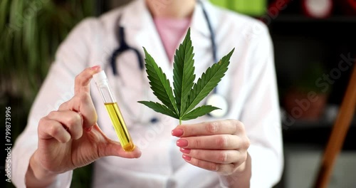 Doctor shows cannabis leaf and test tube with hemp oil. Woman researches use of psychoactive substances from marijuana for medicinal purposes photo