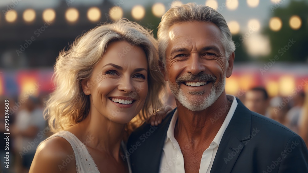 Obraz premium Beautiful professional mature model couple, looking straight to the camera, light concert background