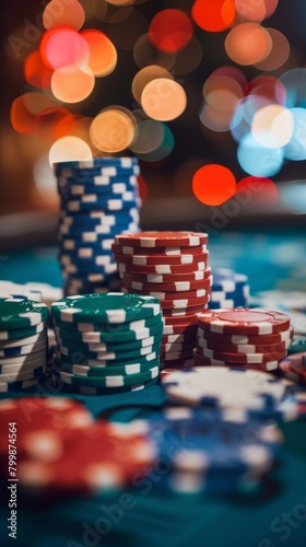 Many poker chips on a table with a blurry background. Gambling concept background. Vertical background 