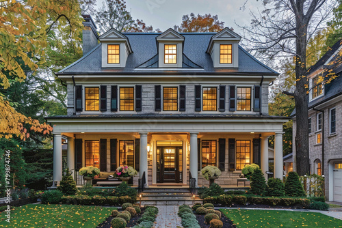 An elegant colonial-style residence with symmetrical windows and a welcoming front porch. photo