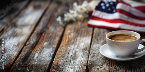 Morning coffee with an American flag on a rustic wooden table. photo