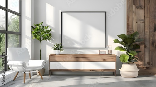 Mock up poster frame on cabinet in interior.3d rendering  Mockup frame on cabinet in living room interior  Scandinavian style 3d rendering  