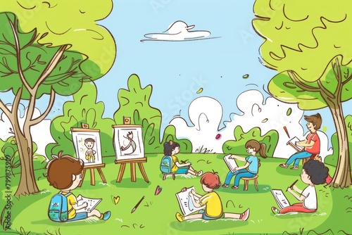 Cartoon cute doodles of an art class outdoor painting excursion  with students capturing the beauty of nature on canvas while sitting in a picturesque garden  Generative AI