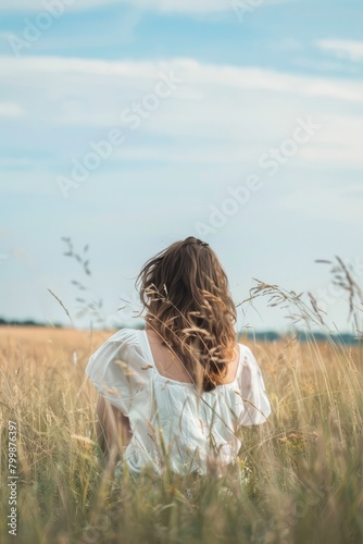 Step into a moment of solitude as a girl finds solace in an open field, the vast expanse of nature offering a sanctuary, Generative A