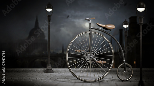 Fotografi Retro bicycle or penny farthing on victorian sytle background