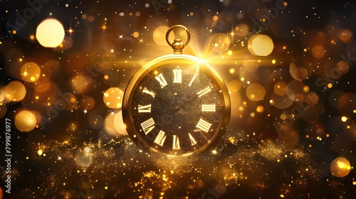 Golden pocket watch floating in a warm, sparkling light with a festive bokeh effect background. 