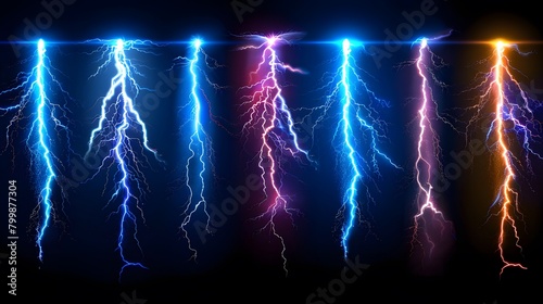 Electric Lightning Bolts Display on Black Background, A stunning array of electric lightning bolts in various colors isolated on a black background.

