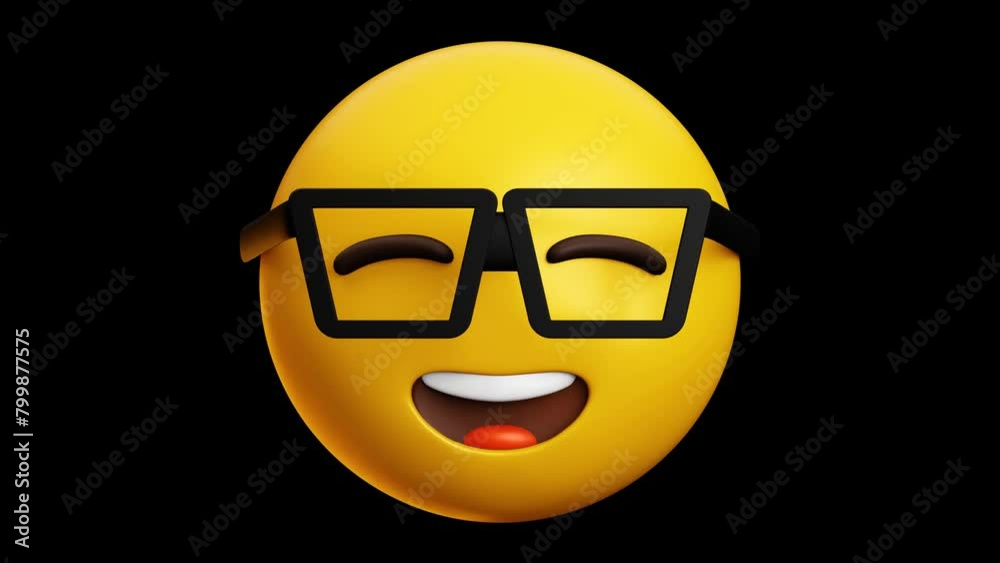 Laughing smart face with glasses and closed eyes emoji, 3d emoticon animation, Alpha channel, Transparent video
