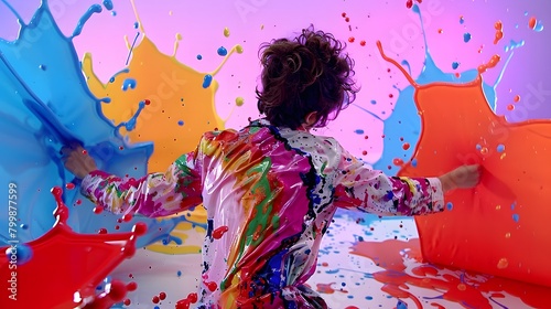 A dynamic and vibrant scene capturing a person flinging multicolored paint against a rainbow backdrop of splashes.
 photo