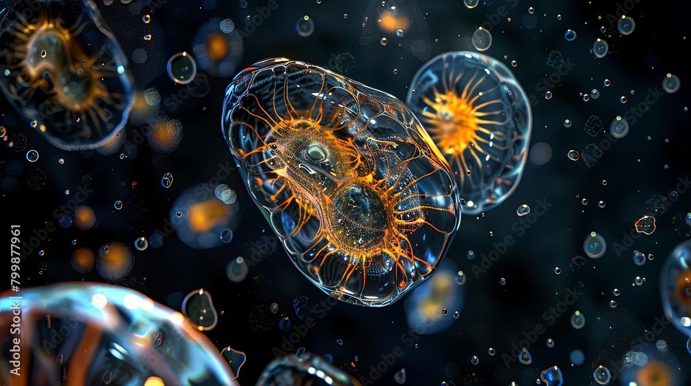 Vibrant protozoa captured in sharp focus, moving in water with a pitchblack background, simulating a scientific microscopic view Vibrant protozoa captured in sharp focus, moving in water with a pitchblack background, simulating a scientific microscopic view