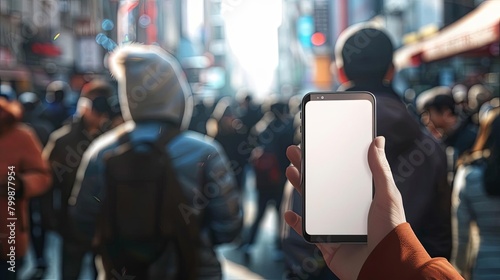 User holding a smartphone tightly in a crowded street, alert and vigilant, 3d render for presenation copy space