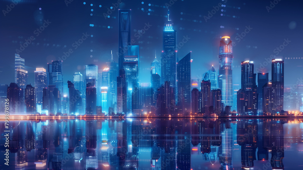 a futuristic city skyline illuminated by sleek, energy-efficient buildings powered by next-generation technologies such as smart grids, renewable energy sources, and advanced infrastructure for connec