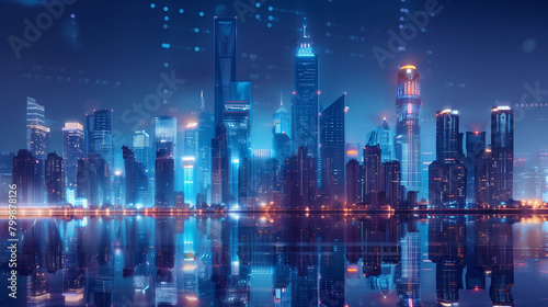 a futuristic city skyline illuminated by sleek, energy-efficient buildings powered by next-generation technologies such as smart grids, renewable energy sources, and advanced infrastructure for connec