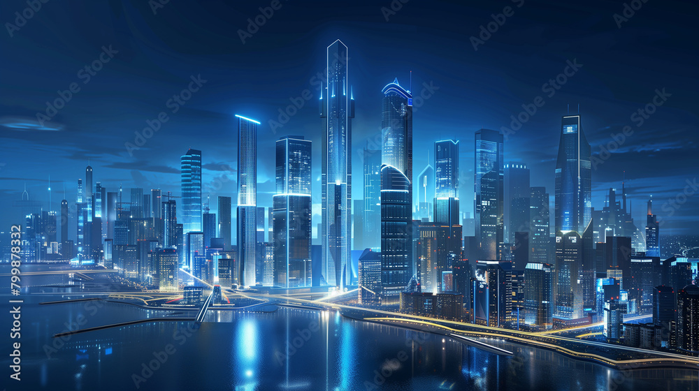 Obraz premium a futuristic city skyline illuminated by sleek, energy-efficient buildings powered by next-generation technologies such as smart grids, renewable energy sources, and advanced infrastructure for connec