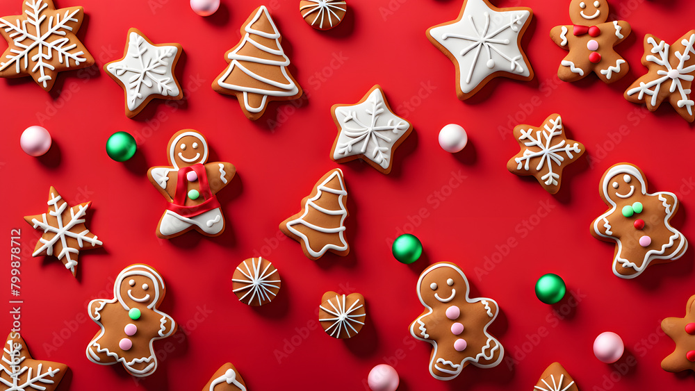 A red background with many different types of gingerbread cookies and a tree