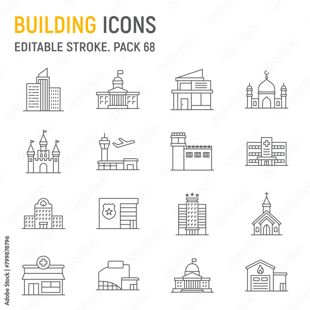Building line icon set, architecture collection, vector graphics, logo illustrations, town buildings vector icons, city buildings signs, outline pictograms, editable stroke