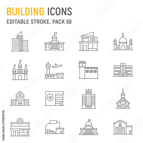 Building line icon set, architecture collection, vector graphics, logo illustrations, town buildings vector icons, city buildings signs, outline pictograms, editable stroke © amin268