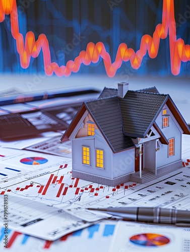 Housing Market Crash  3D plummeting house figures against a backdrop of financial papers and graphs