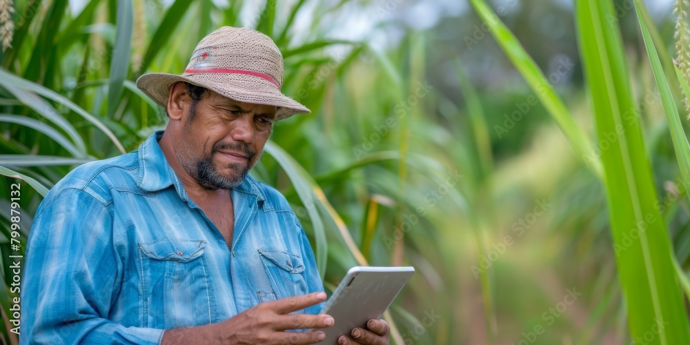Male latin farmer with tablet while working at sugarcane field. Male latin farmer with tablet while working at sugarcane field.