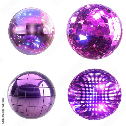 set of shinny purple disco ball on transparent background