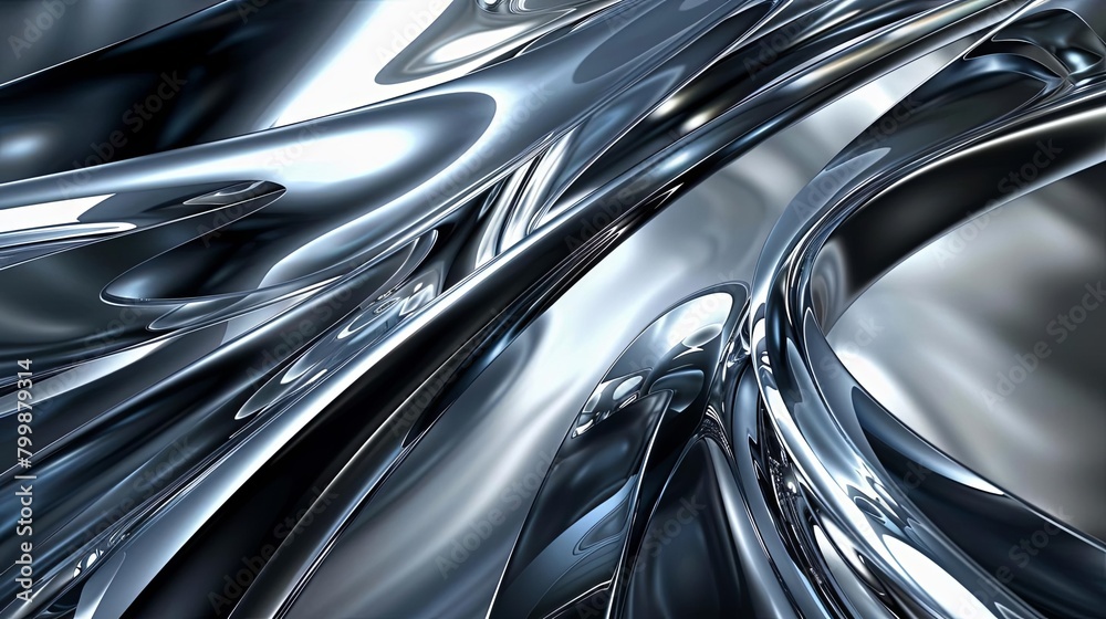 A 3D rendering of a silver metal surface with a glossy finish. The surface is curved and has a wave-like pattern.