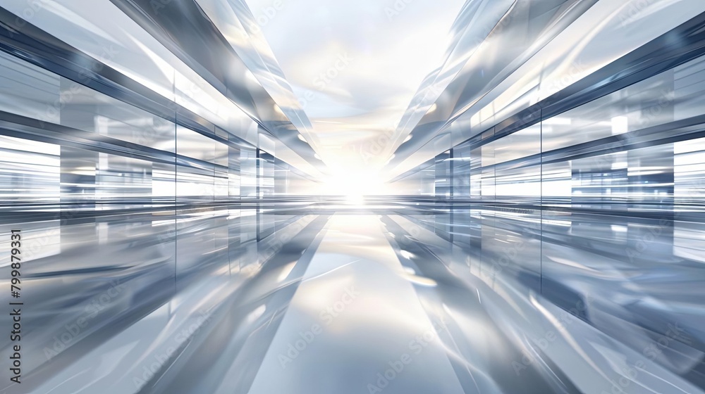 A long, reflective hallway with a bright light at the end. A long, reflective hallway with a bright light at the end.