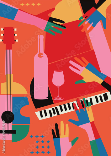 Colorful flat hand-drawn poster for a cocktail party with live music.