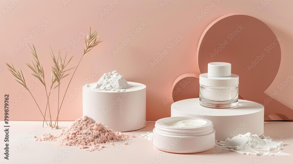Sleek, modern design of skincare products featuring arrowroot and tapioca starch Sleek, modern design of skincare products featuring arrowroot and tapioca starch