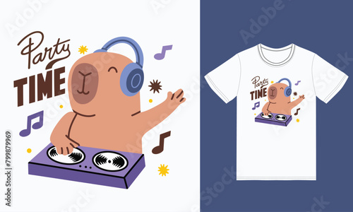 Cute capybara playing dj music with tshirt design premium vector