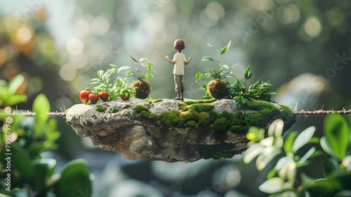 2D Illustration of 3D Renders Playful Figurines in Nature-Inspired Installations