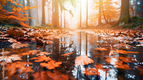 Autumn Forest River with Fog and Leaves