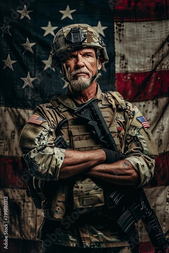 Patriotic Valor Senior Caucasian Military Man in Special Forces Uniform Posed with the USA Flag, Offering Copy Space