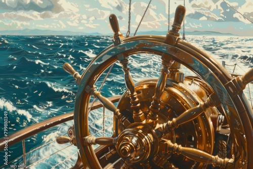 Steering wheel of a boat on a boat in the ocean