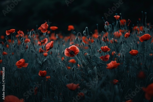Field of vibrant poppies under dark moody lighting, creating a captivating atmosphere.
