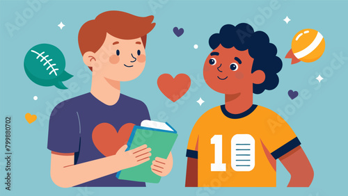 Two teenagers bonding over their shared love for their teams star quarterback eagerly discussing his stats and performance with each other.. Vector illustration