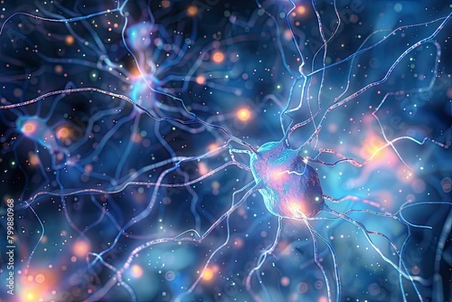 Digital artwork depicting a neuron with synapses firing and electrical impulses in a dynamic, detailed representation of brain activity.