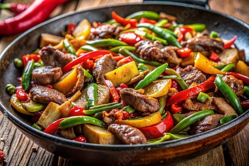 Macro Shot of Sizzling Stir-Fry: A close-up photograph capturing the sizzle and steam rising from a hot stir-fry dish, featuring colorful vegetables, tender meat, and aromatic sauces. 