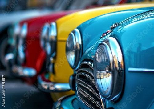 Classic Mini Cooper Cars in Vibrant Colors Lined Up on City Street photo