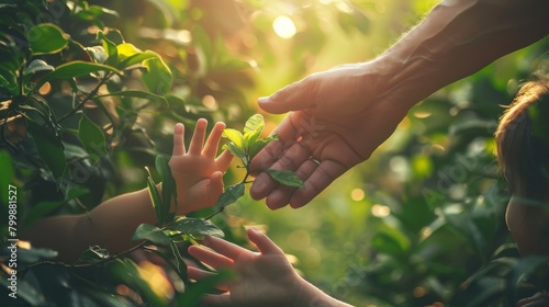 Child's hand reaching father's hand in nature, leaves and sun in background