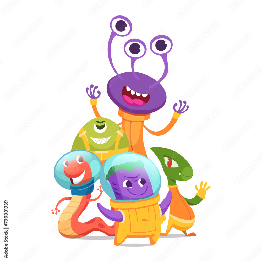 Obraz premium Funny monsters cartoon aliens and creatures standing in group. vector illustration