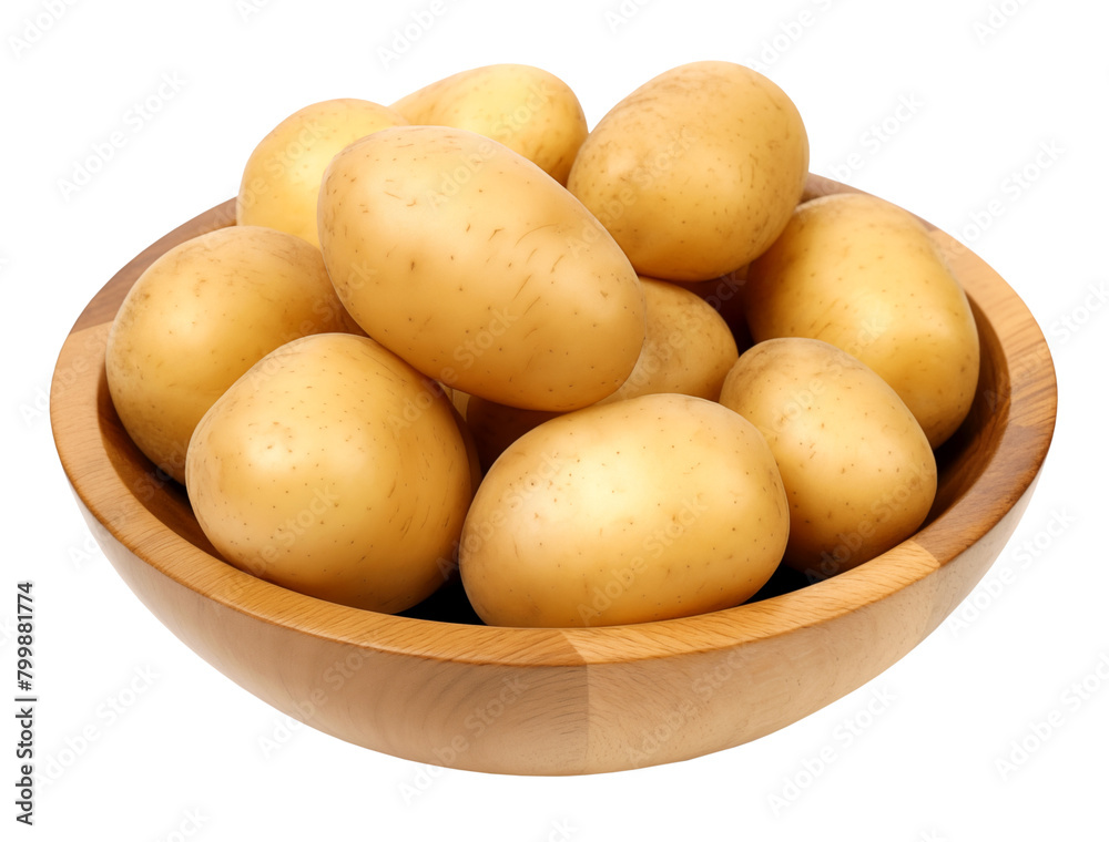 Potatoes in wooden plate, transparent background Potatoes in wooden plate, transparent background
